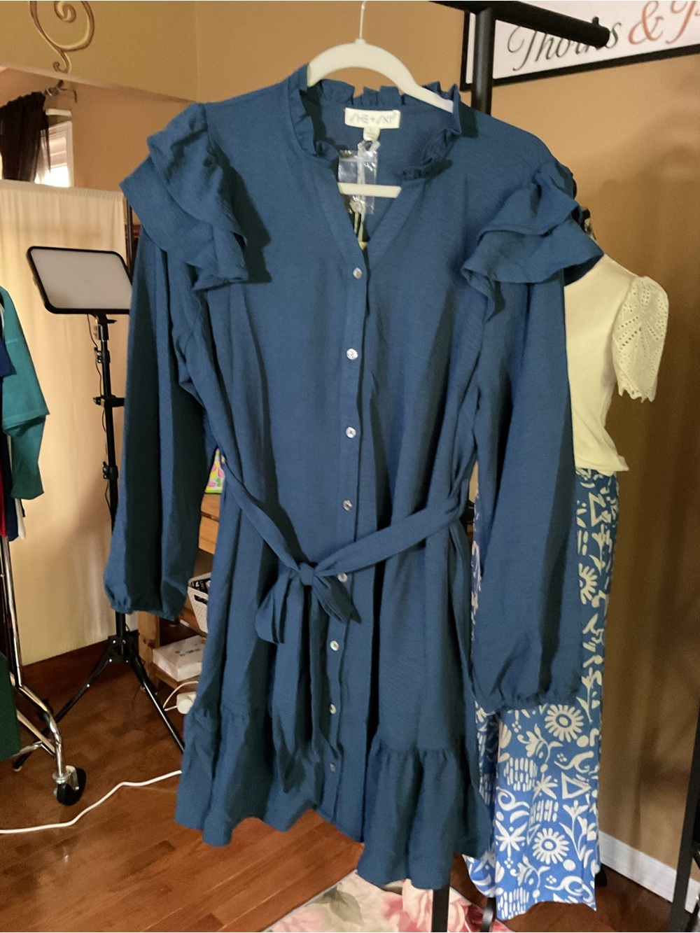 She + Sky Navy Blue Ruffled Button-Front Midi Dress with Belt